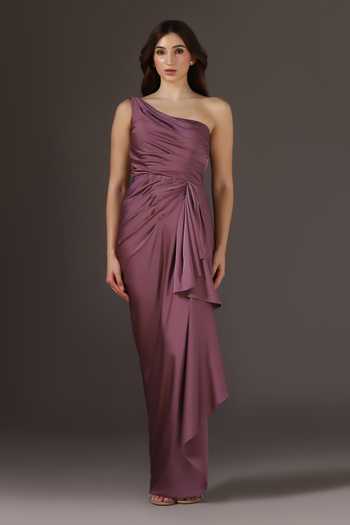 Pooja Peshoria Wine Satin One Shoulder Draped Gown Online at Aza Fashions Pooja Peshoria_Wine Satin One Shoulder Draped Gown _Online_at_Aza_Fashions
