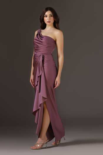 Shop Pooja Peshoria Wine Satin One Shoulder Draped Gown Online at Aza Fashions Shop_Pooja Peshoria_Wine Satin One Shoulder Draped Gown _Online_at_Aza_Fashions