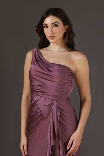 Pooja Peshoria Wine Satin One Shoulder Draped Gown at Aza Fashions Pooja Peshoria_Wine Satin One Shoulder Draped Gown _at_Aza_Fashions