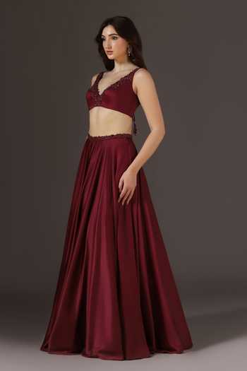 Pooja Peshoria Wine Crepe, Satin, Net, Polyester V-neck Placement Embroidered Lehenga Set Online at Aza Fashions Pooja Peshoria_Wine Crepe, Satin, Net, Polyester V-neck Placement Embroidered Lehenga Set _Online_at_Aza_Fashions