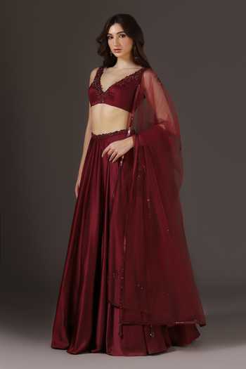 Shop Pooja Peshoria Wine Crepe, Satin, Net, Polyester V-neck Placement Embroidered Lehenga Set Online at Aza Fashions Shop_Pooja Peshoria_Wine Crepe, Satin, Net, Polyester V-neck Placement Embroidered Lehenga Set _Online_at_Aza_Fashions