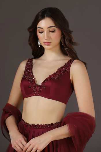 Buy Pooja Peshoria Wine Crepe, Satin, Net, Polyester V-neck Placement Embroidered Lehenga Set Buy_Pooja Peshoria_Wine Crepe, Satin, Net, Polyester V-neck Placement Embroidered Lehenga Set
