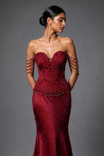 Pooja Peshoria Wine Crepe, Satin, Net, Polyester Beads, Crystals Embroidered Corset And Skirt Set Online at Aza Fashions Pooja Peshoria_Wine Crepe, Satin, Net, Polyester Beads, Crystals Embroidered Corset And Skirt Set _Online_at_Aza_Fashions