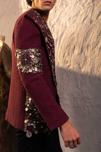 Jatin Malik Wine Jacquard Orbis Blush Embroidered Jacket Online at Aza Fashions Jatin Malik_Wine Jacquard Orbis Blush Embroidered Jacket _Online_at_Aza_Fashions