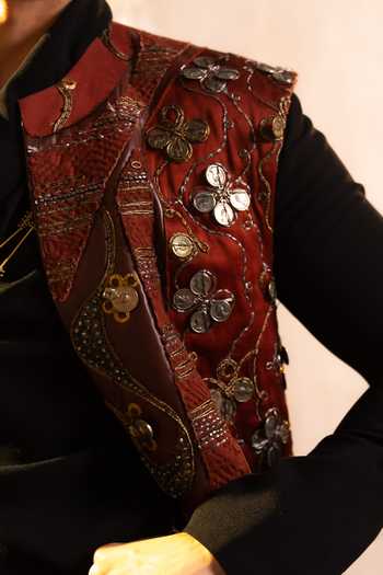 Jatin Malik Orange Leather Sun Dune Embroidered Jacket Online at Aza Fashions Jatin Malik_Orange Leather Sun Dune Embroidered Jacket _Online_at_Aza_Fashions