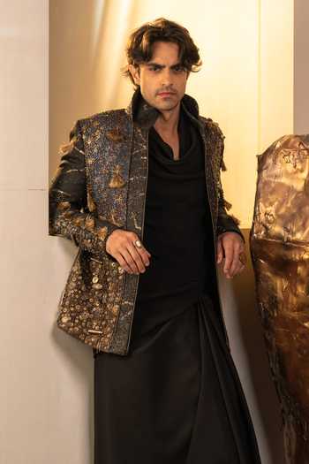 Buy Jatin Malik Blue Jacquard The Midnight Aether Embroidered Jacket And Draped Skirt Set Online at Aza Fashions Buy_Jatin Malik_Blue Jacquard The Midnight Aether Embroidered Jacket And Draped Skirt Set _Online_at_Aza_Fashions