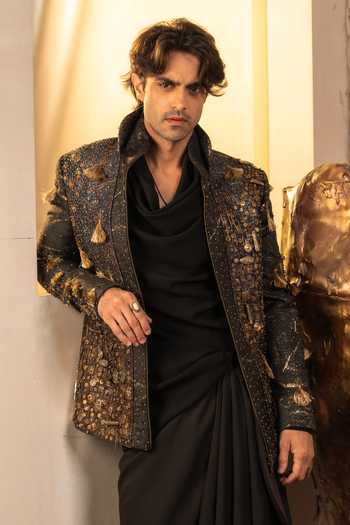 Shop Jatin Malik Blue Jacquard The Midnight Aether Embroidered Jacket And Draped Skirt Set Online at Aza Fashions Shop_Jatin Malik_Blue Jacquard The Midnight Aether Embroidered Jacket And Draped Skirt Set _Online_at_Aza_Fashions