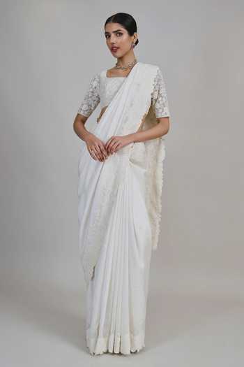 Shop Mishru Ivory Chanderi, Tulle Sequins, Embroidery Square Neck, Rumi Saree With Blouse Online at Aza Fashions Shop_Mishru_Ivory Chanderi, Tulle Sequins, Embroidery Square Neck, Rumi Saree With Blouse _Online_at_Aza_Fashions