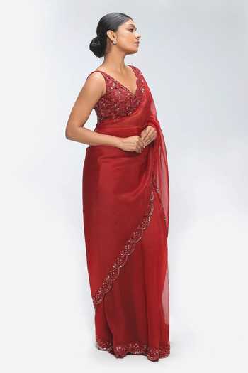 Buy Mirroir Red Silk Organza Embroidery, Sequins, Beads Scallop Border Saree With Blouse Online at Aza Fashions Buy_Mirroir_Red Silk Organza Embroidery, Sequins, Beads Scallop Border Saree With Blouse _Online_at_Aza_Fashions