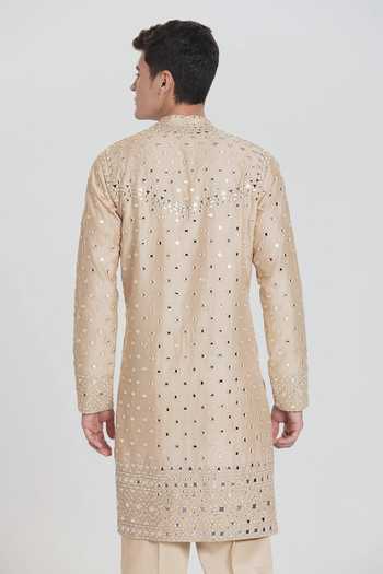 Shop Abhinav Mishra Beige Chanderi Embroidery, Mirrors Heavy Kurta Set at Aza Fashions Shop_Abhinav Mishra_Beige Chanderi Embroidery, Mirrors Heavy Kurta Set _at_Aza_Fashions