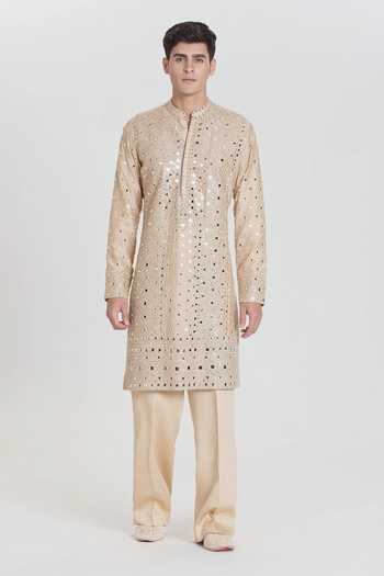 Shop Abhinav Mishra Beige Chanderi Embroidery, Mirrors Heavy Kurta Set Online at Aza Fashions Shop_Abhinav Mishra_Beige Chanderi Embroidery, Mirrors Heavy Kurta Set _Online_at_Aza_Fashions