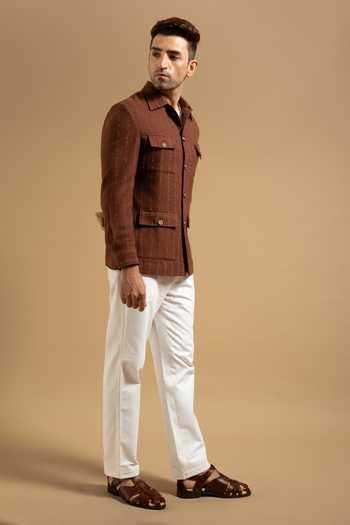 Gargee Designers Brown Cotton Textured Blend Utility Shacket Online at Aza Fashions Gargee Designers_Brown Cotton Textured Blend Utility Shacket _Online_at_Aza_Fashions