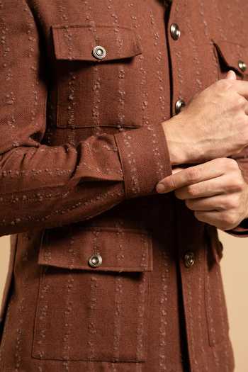 Shop Gargee Designers Brown Cotton Textured Blend Utility Shacket Online at Aza Fashions Shop_Gargee Designers_Brown Cotton Textured Blend Utility Shacket _Online_at_Aza_Fashions