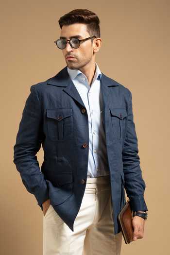 Gargee Designers Blue Linen Navy Utility Shacket Online at Aza Fashions Gargee Designers_Blue Linen Navy Utility Shacket _Online_at_Aza_Fashions