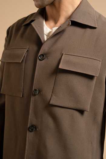 Gargee Designers Brown Polyester Espresso Stretchable Minimal Shacket at Aza Fashions Gargee Designers_Brown Polyester Espresso Stretchable Minimal Shacket _at_Aza_Fashions