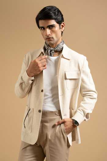 Gargee Designers Ivory Cotton Textured Waffle Weave Shacket Online at Aza Fashions Gargee Designers_Ivory Cotton Textured Waffle Weave Shacket _Online_at_Aza_Fashions
