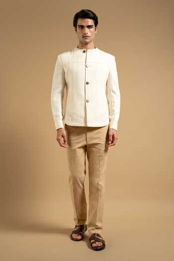 Buy_Gargee Designers_Ivory Cotton Textured Bandhgala Style Shacket _Online_at_Aza_Fashions
