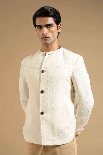 Shop_Gargee Designers_Ivory Cotton Textured Bandhgala Style Shacket _Online_at_Aza_Fashions