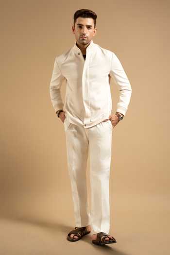 Gargee Designers Cream Cotton Blend Bomber Jacket Online at Aza Fashions Gargee Designers_Cream Cotton Blend Bomber Jacket _Online_at_Aza_Fashions