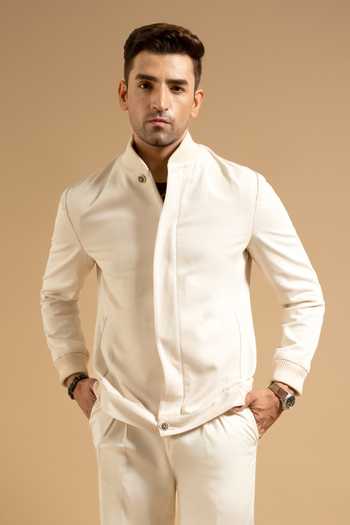 Gargee Designers Cream Cotton Blend Bomber Jacket 