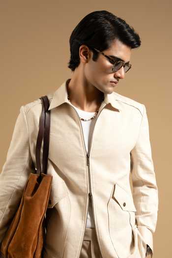 Buy Gargee Designers Beige Cotton Sand Blend Zip Front Utility Jacket Online at Aza Fashions Buy_Gargee Designers_Beige Cotton Sand Blend Zip Front Utility Jacket _Online_at_Aza_Fashions