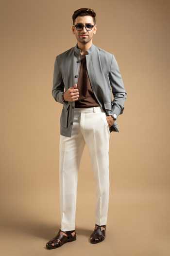 Shop Gargee Designers Grey Polyester Steel Structured Jacket Online at Aza Fashions Shop_Gargee Designers_Grey Polyester Steel Structured Jacket _Online_at_Aza_Fashions