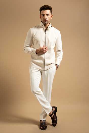 Gargee Designers_Ivory Suede Textured High Neck Zip Up Jacket _Online_at_Aza_Fashions