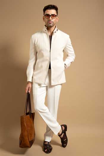 Buy_Gargee Designers_Ivory Suede Textured High Neck Zip Up Jacket _Online_at_Aza_Fashions