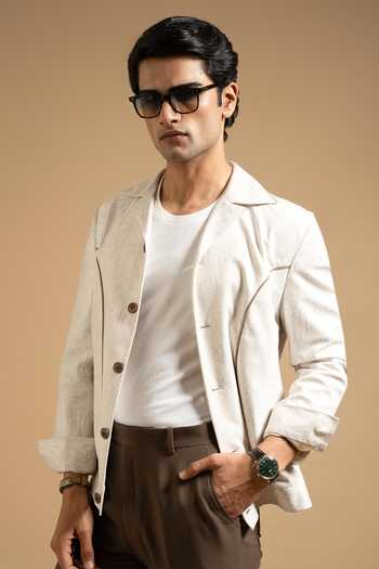 Gargee Designers Ivory Textured Contrast Piped Jacket