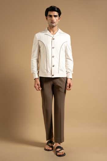 Shop Gargee Designers Ivory Suede Textured Contrast Piped Jacket Online at Aza Fashions Shop_Gargee Designers_Ivory Suede Textured Contrast Piped Jacket _Online_at_Aza_Fashions
