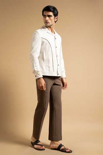 Gargee Designers Ivory Suede Textured Contrast Piped Jacket at Aza Fashions Gargee Designers_Ivory Suede Textured Contrast Piped Jacket _at_Aza_Fashions