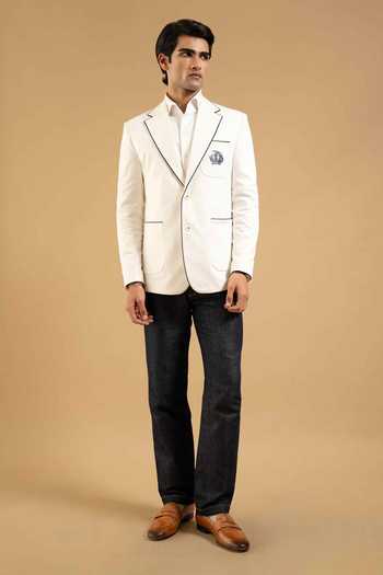 Gargee Designers White Cotton Contrast Trim Crest Blazer Online at Aza Fashions Gargee Designers_White Cotton Contrast Trim Crest Blazer _Online_at_Aza_Fashions