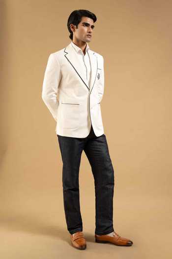 Buy Gargee Designers White Cotton Contrast Trim Crest Blazer Online at Aza Fashions Buy_Gargee Designers_White Cotton Contrast Trim Crest Blazer _Online_at_Aza_Fashions