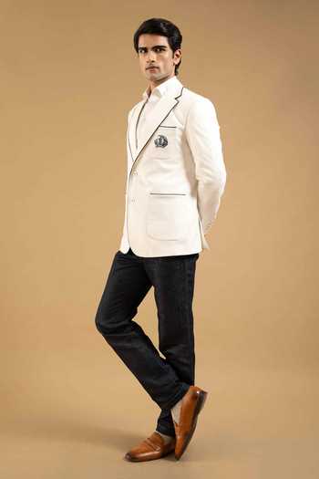 Shop Gargee Designers White Cotton Contrast Trim Crest Blazer Online at Aza Fashions Shop_Gargee Designers_White Cotton Contrast Trim Crest Blazer _Online_at_Aza_Fashions