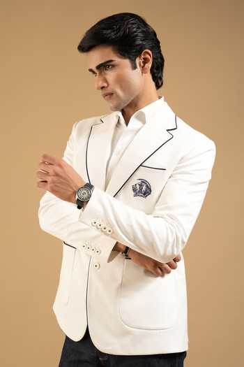 Gargee Designers White Cotton Contrast Trim Crest Blazer 