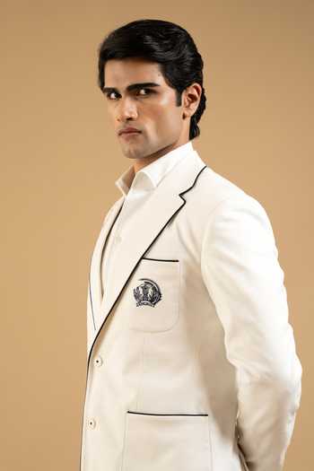 Gargee Designers White Cotton Contrast Trim Crest Blazer at Aza Fashions Gargee Designers_White Cotton Contrast Trim Crest Blazer _at_Aza_Fashions