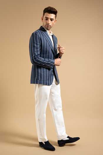 Gargee Designers Blue Linen Bold Striped Crest Blazer Online at Aza Fashions Gargee Designers_Blue Linen Bold Striped Crest Blazer _Online_at_Aza_Fashions