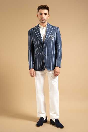 Buy Gargee Designers Blue Linen Bold Striped Crest Blazer Online at Aza Fashions Buy_Gargee Designers_Blue Linen Bold Striped Crest Blazer _Online_at_Aza_Fashions