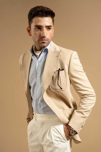 Gargee Designers Beige Wool Blend Houndstooth Tailored Blazer Online at Aza Fashions Gargee Designers_Beige Wool Blend Houndstooth Tailored Blazer _Online_at_Aza_Fashions