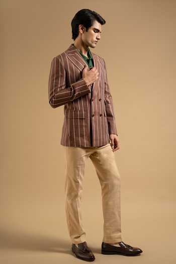 Gargee Designers Brown Linen Bold Stripe Tailored Blazer Online at Aza Fashions Gargee Designers_Brown Linen Bold Stripe Tailored Blazer _Online_at_Aza_Fashions