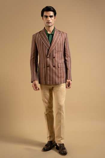 Shop Gargee Designers Brown Linen Bold Stripe Tailored Blazer Online at Aza Fashions Shop_Gargee Designers_Brown Linen Bold Stripe Tailored Blazer _Online_at_Aza_Fashions