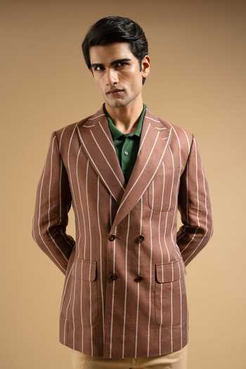 Gargee Designers Brown Linen Bold Stripe Tailored Blazer 