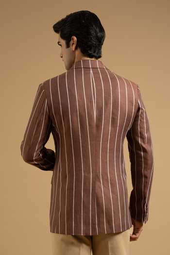 Gargee Designers Brown Linen Bold Stripe Tailored Blazer 