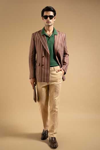 Gargee Designers Brown Linen Bold Stripe Tailored Blazer at Aza Fashions Gargee Designers_Brown Linen Bold Stripe Tailored Blazer _at_Aza_Fashions