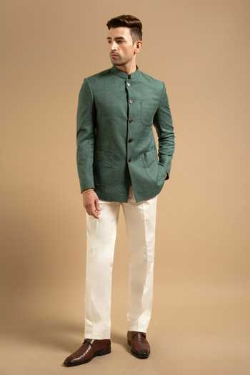 Gargee Designers Green Cotton, Linen Textured Patch Pocket Bandhgala Online at Aza Fashions Gargee Designers_Green Cotton, Linen Textured Patch Pocket Bandhgala _Online_at_Aza_Fashions