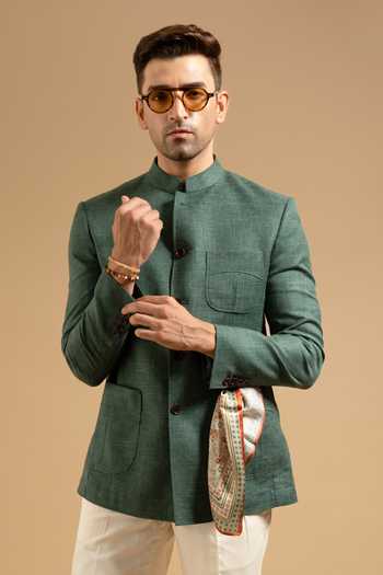 Gargee Designers Green Cotton, Linen Textured Patch Pocket Bandhgala at Aza Fashions Gargee Designers_Green Cotton, Linen Textured Patch Pocket Bandhgala _at_Aza_Fashions
