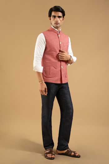Gargee Designers Orange Polyester Textured Patch Pocket Down Vest Online at Aza Fashions Gargee Designers_Orange Polyester Textured Patch Pocket Down Vest _Online_at_Aza_Fashions