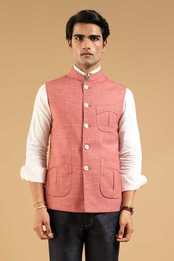 Shop Gargee Designers Orange Polyester Textured Patch Pocket Down Vest Online at Aza Fashions Shop_Gargee Designers_Orange Polyester Textured Patch Pocket Down Vest _Online_at_Aza_Fashions