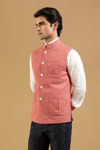 Gargee Designers Orange Polyester Textured Patch Pocket Down Vest at Aza Fashions Gargee Designers_Orange Polyester Textured Patch Pocket Down Vest _at_Aza_Fashions