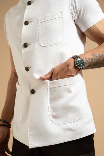 Shop Gargee Designers White Linen Patch Pocket Down Vest Online at Aza Fashions Shop_Gargee Designers_White Linen Patch Pocket Down Vest _Online_at_Aza_Fashions